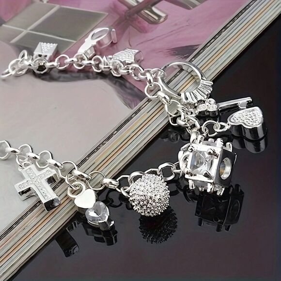 Silver Multi Charm Link Bracelet Adjustable Pendant Heart Ring Cross Star Key - Picture 2 of 6